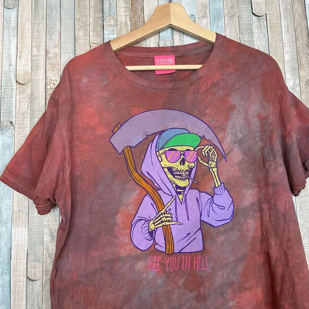 Ayylien Clothing L‎ Skeleton Hell Graphic Tie Dye Short Sleeve Tee T Shirt Punk